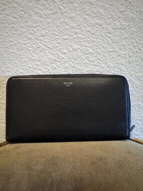 Celine Black Leather Zip Wallet Yellow Interior + COA